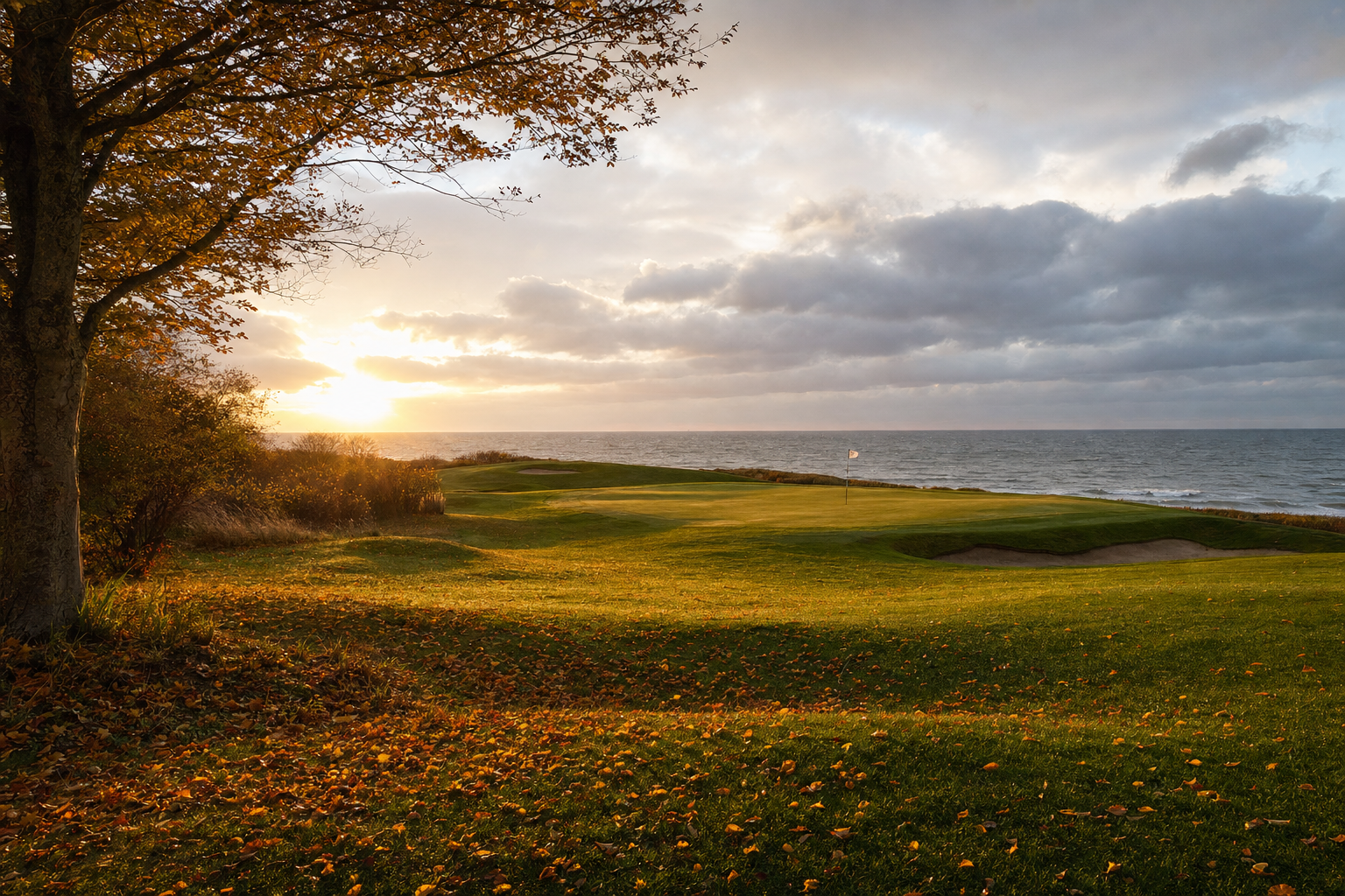 Herbstliches Fairway an der Küste mit Laub, tief stehender Sonne und wehender Fahne am Grün